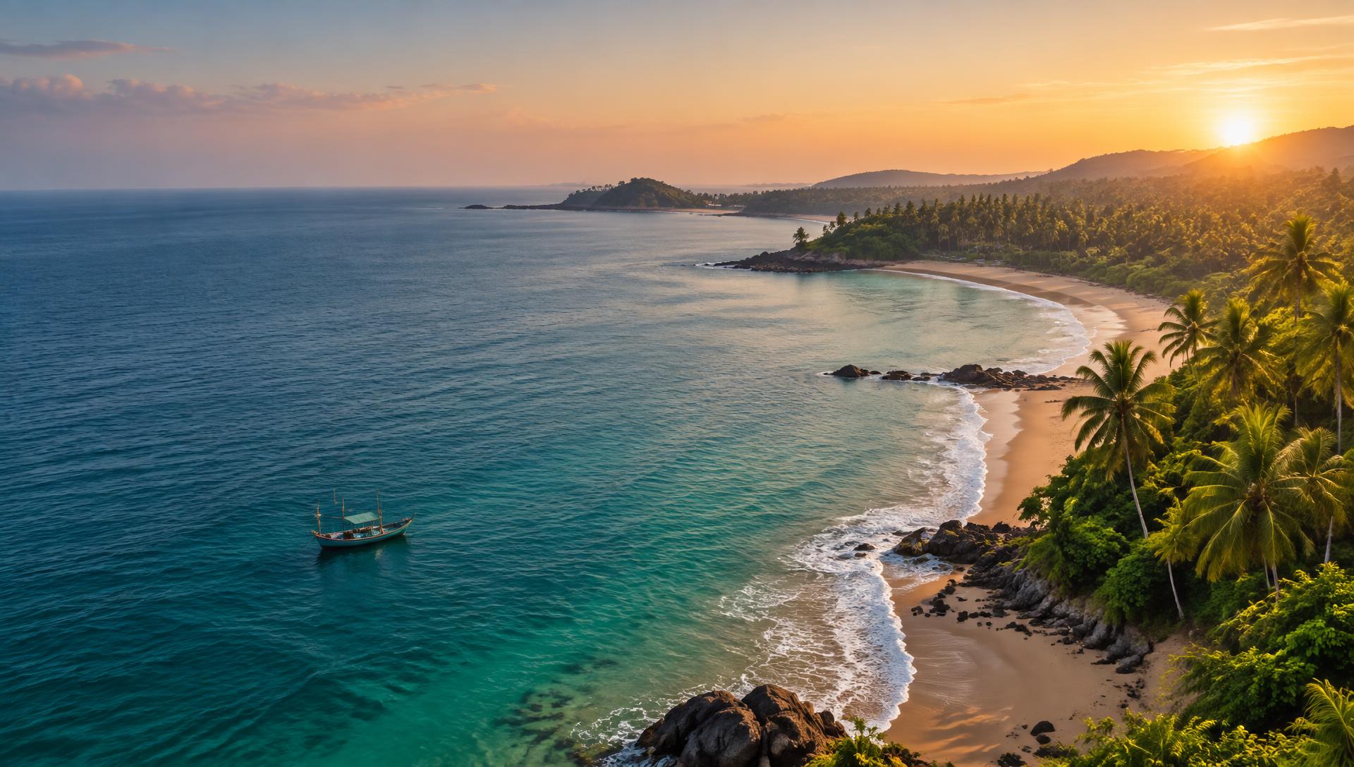 Goa coastline with palm-fringed beaches at sunrise